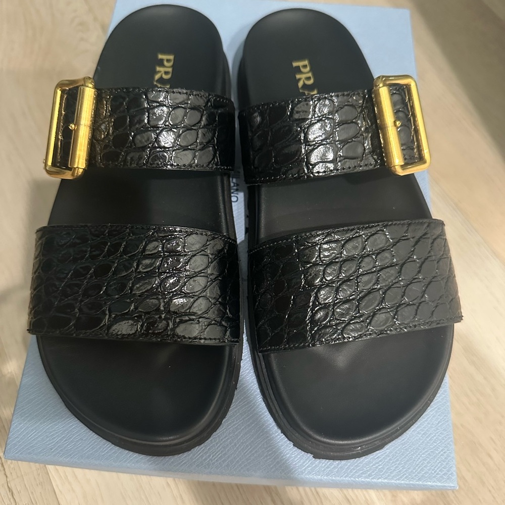 Brand new- authentic Prada Black croc Sandals w/ Gold Buckle size 37 - Full set